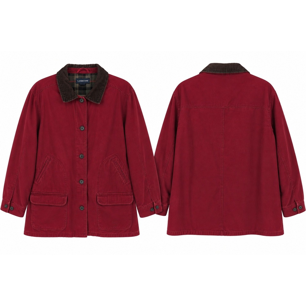 Lands End Barn Coat Womens XL Red Cotton Canvas Plaid Lined Corduroy Trim Chore
